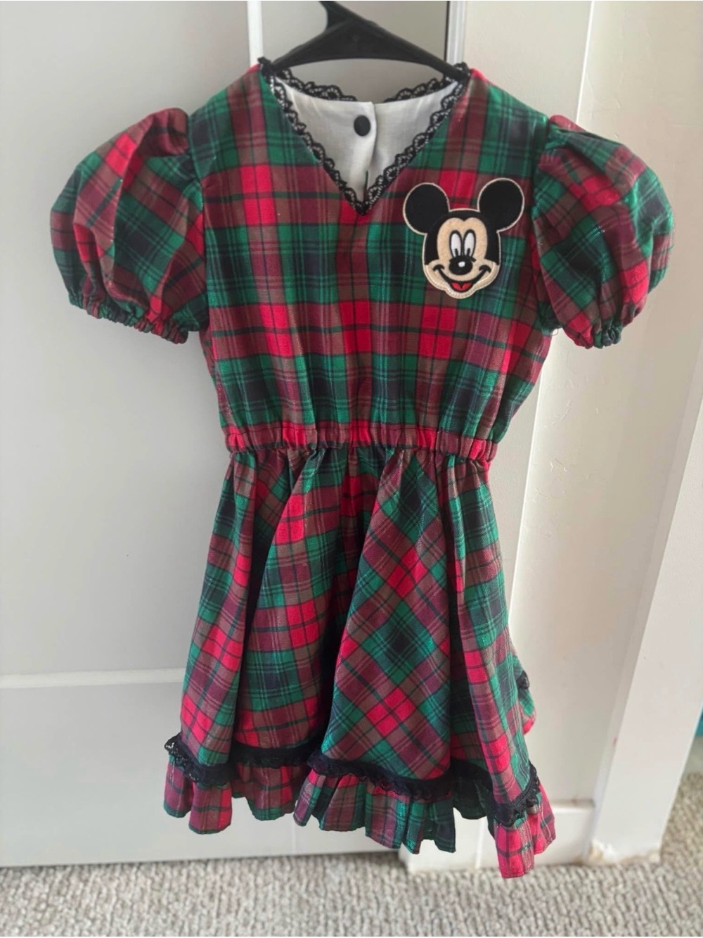 Disney Red and Green Plaid Mickey Patch Puff-Sleeve Dress